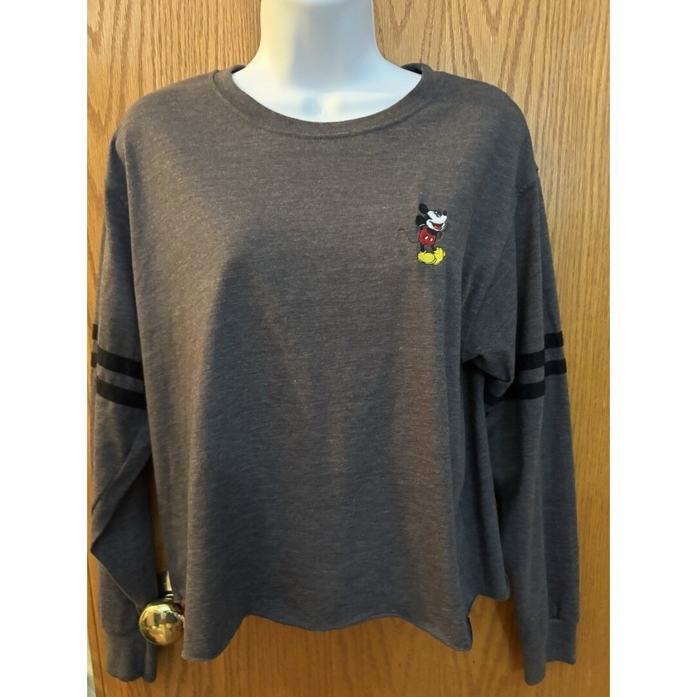 Disney Embroidered Women's Mickey Mouse Crop Top Gray Long Sleeve Shirt Size L